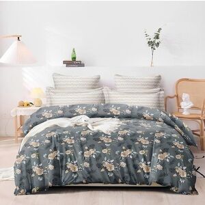 Microfiber All Weather Reversible Queen Comforter Gray Floral Blossom‎ Pattern